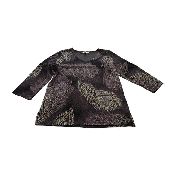JM COLLECTION Petite Large Peacock Feather Print Top Vibrant and Elegant - Picture 1 of 6